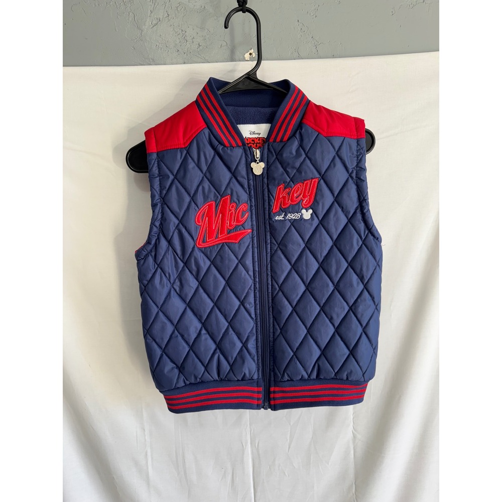 Disney Mickey Mouse Puffer Vest Kids Size 8 Blue Red Quilted Varsity Jacket